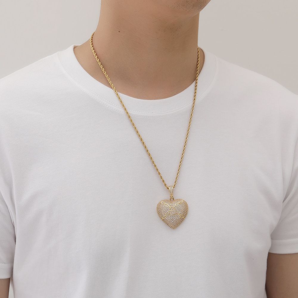 Iced Out Locking Chain Heart Pendant Necklace for Men Women Couple