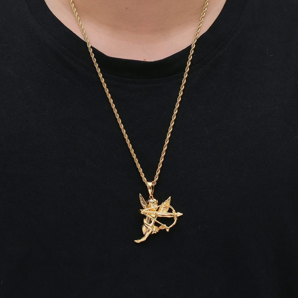 Gold Plated Angel Cupid With Arrow Pendant Necklace for Men Women