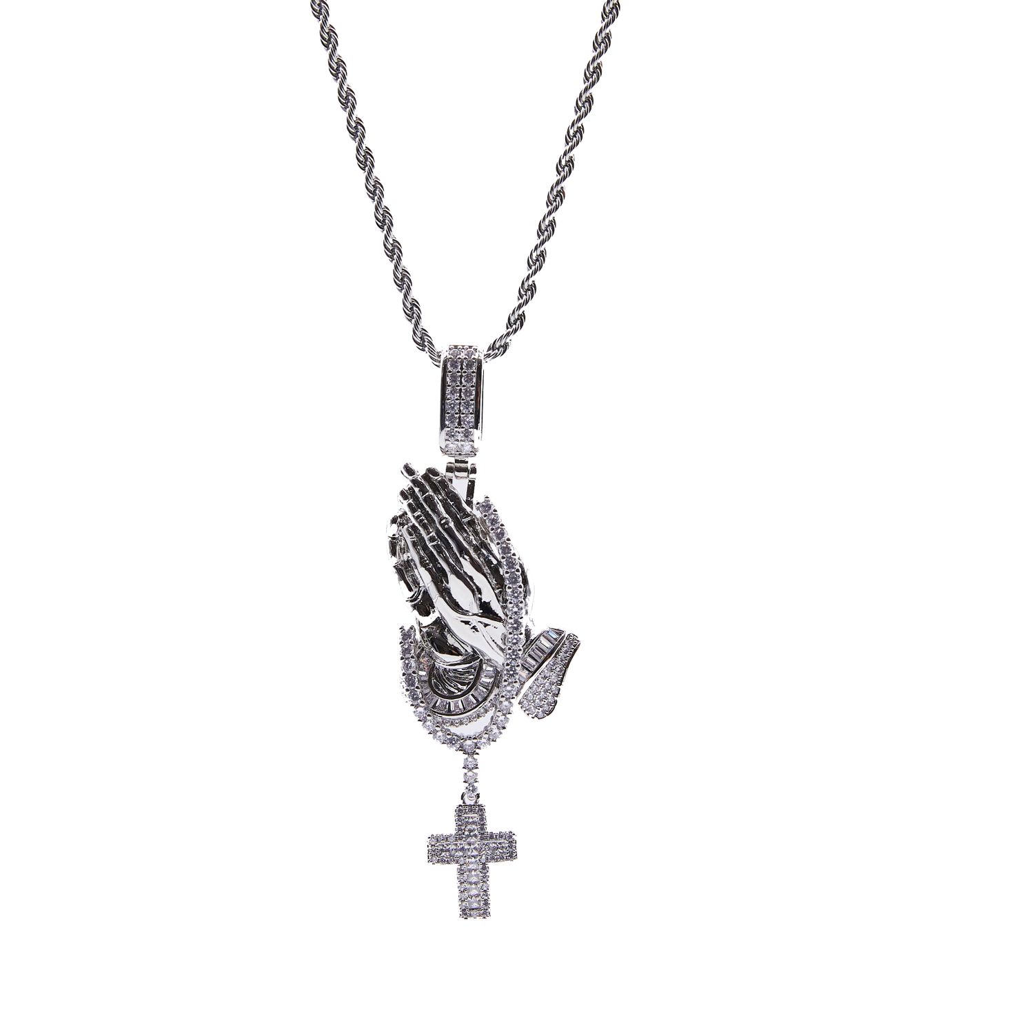 Iced Out Praying Hands Cross Pendant Necklace for Men Women
