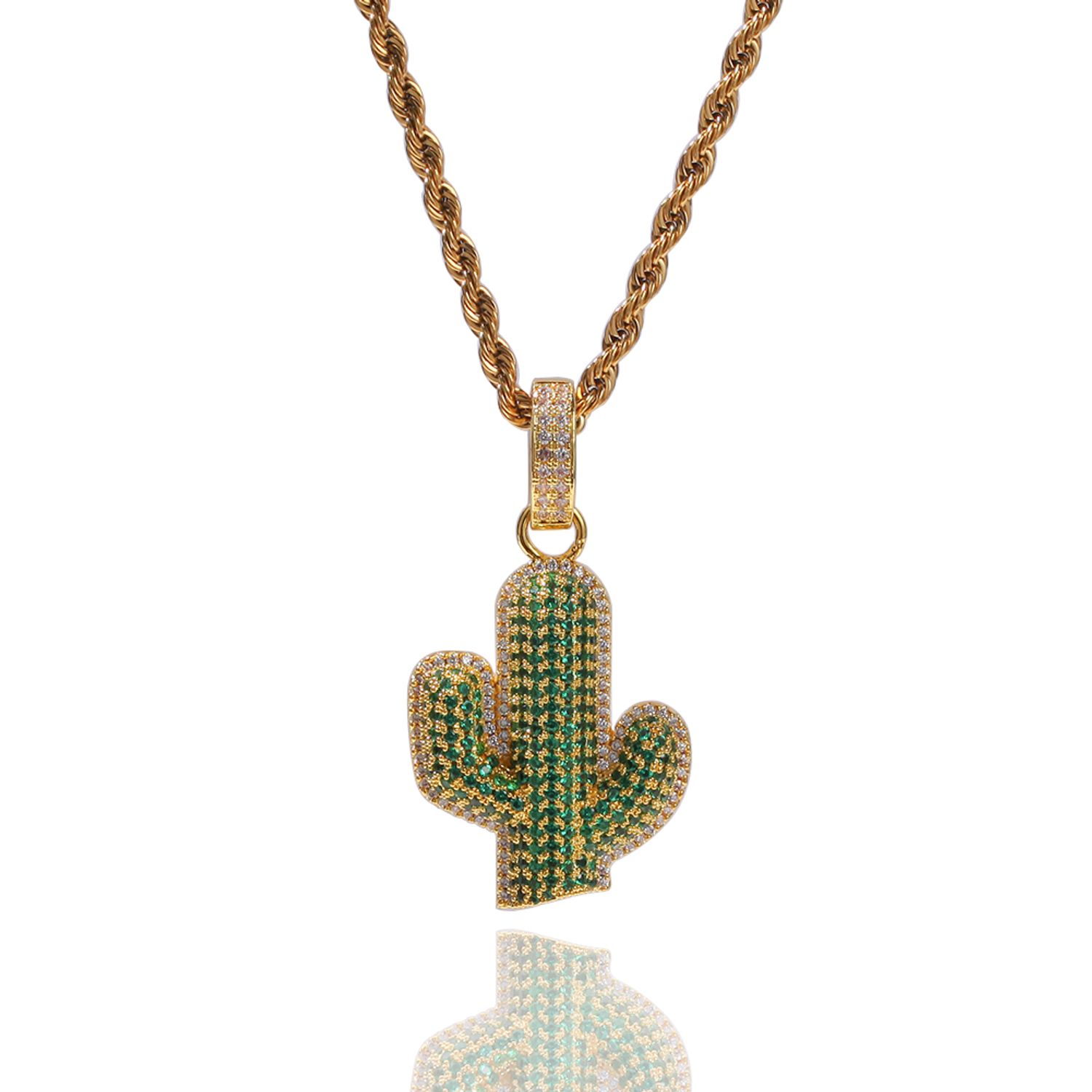 Iced Cactus Pendant & 3mm 24" Rope Chain Necklace for Men Women