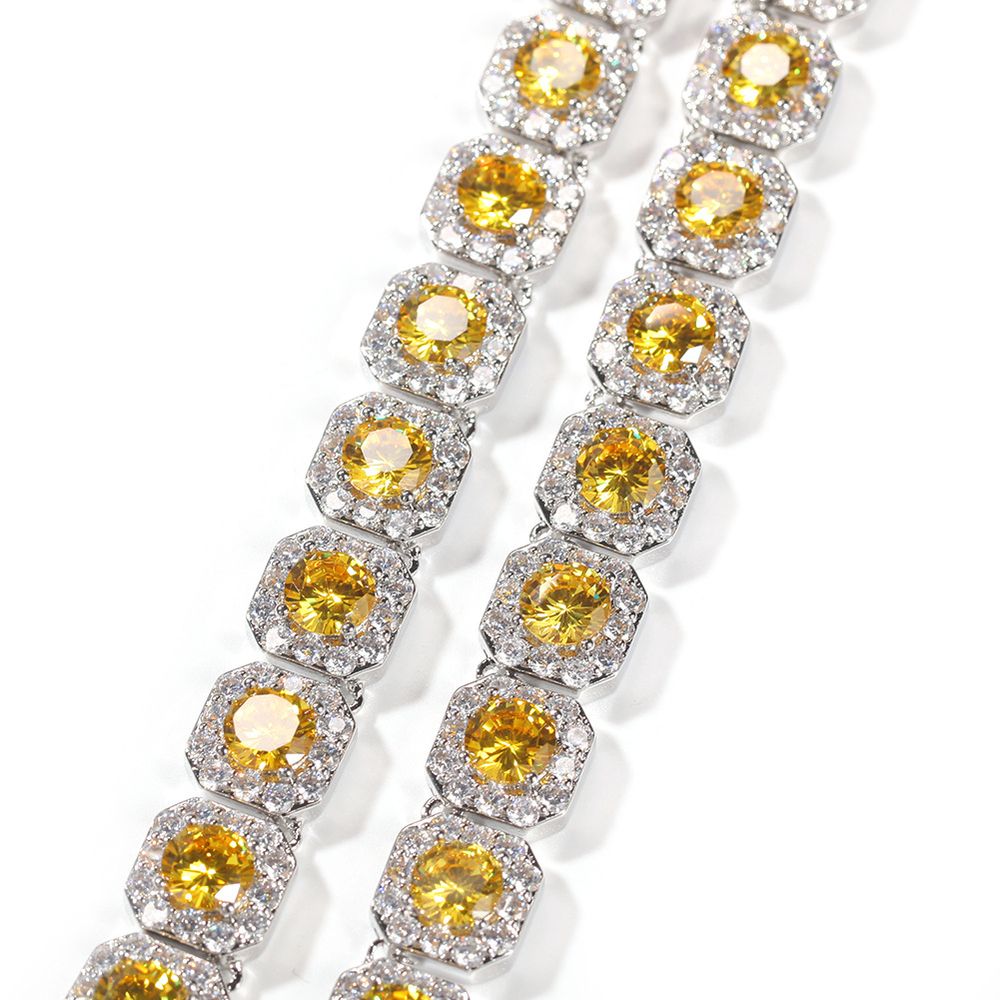 12.5mm Hip-Hop Iced Out Yellow Sparkling Cluster Tennis Chain Necklace for Men Women