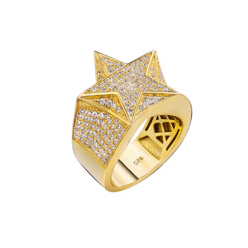 Hip Hop Solid 925 Sterling Silver Iced Star Ring for Men Women