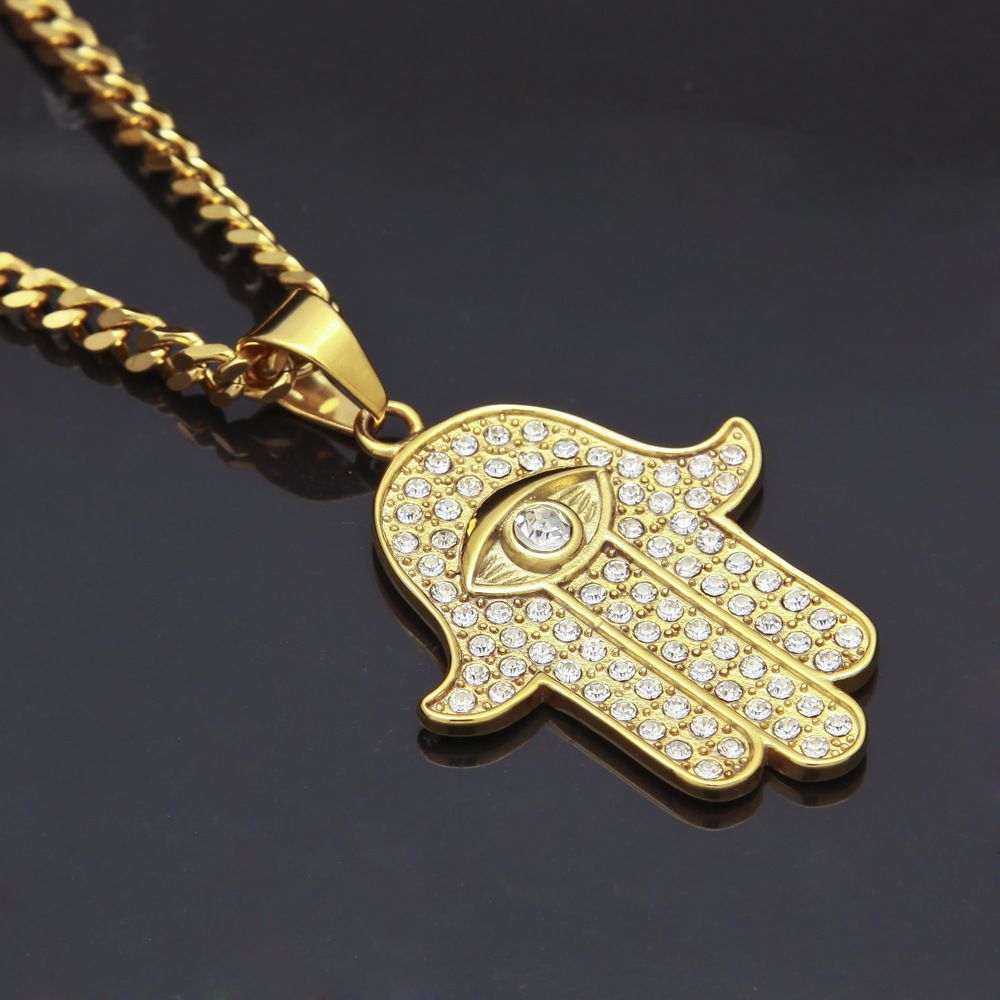 Iced Out Fatima Hamsa Hand Pendant & 5mm Cuban Link Chain Necklace for Men Women