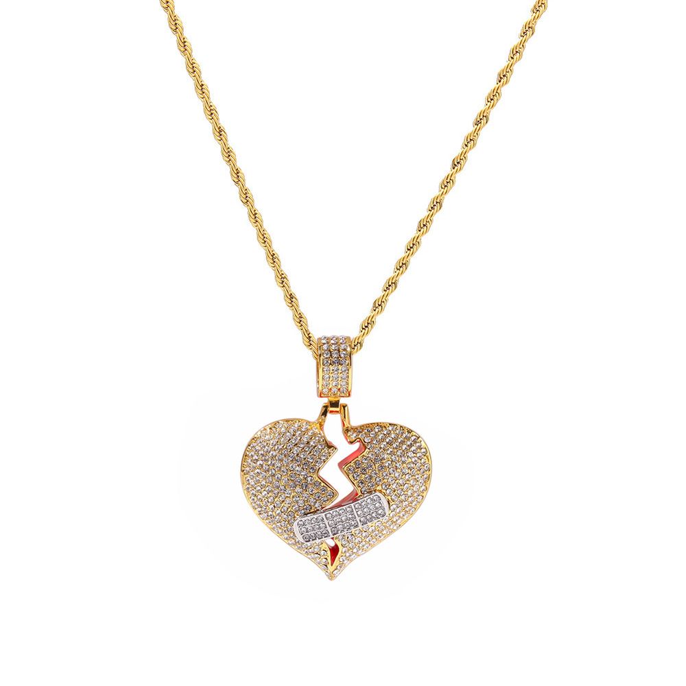 Iced Out Broken Heart Pendant & 3mm 24" Rope Chain Necklace for Men Women