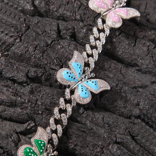 12mm Colorful Butterfly Pendant Cuban Link Necklace for Women