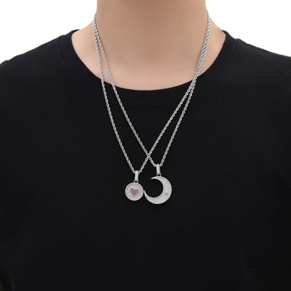Iced Out Sun & Moon Heart Pendant Necklace for Couple Men Women