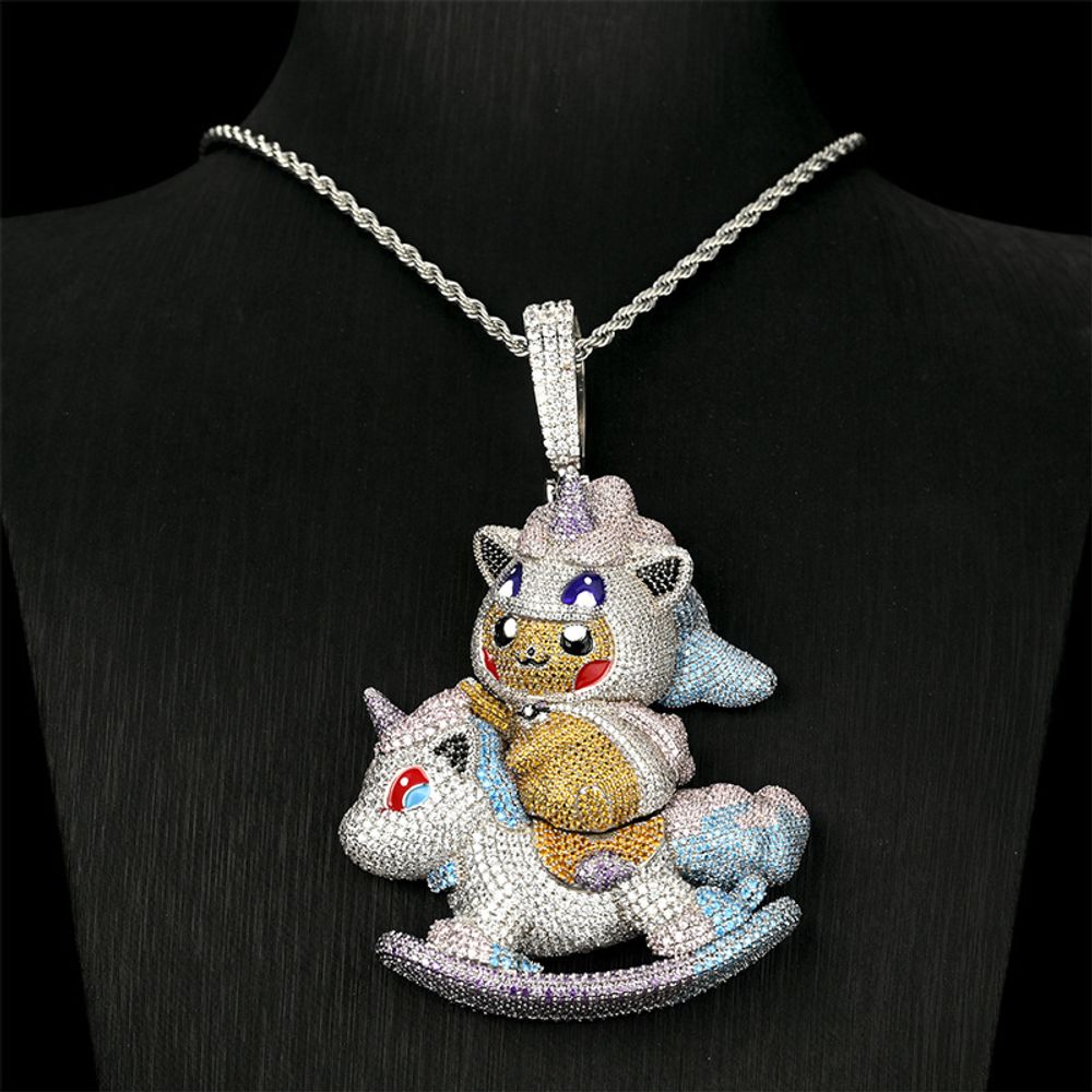 Iced Out Pikachu Pendant Necklace for Men Women