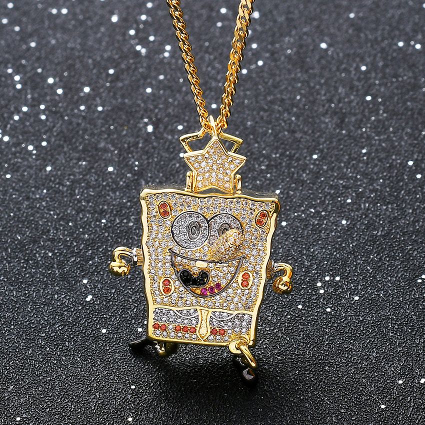 14K Gold Plated Iced Out Sponge Bob Pendant Necklace for Men Women l Nadamoda