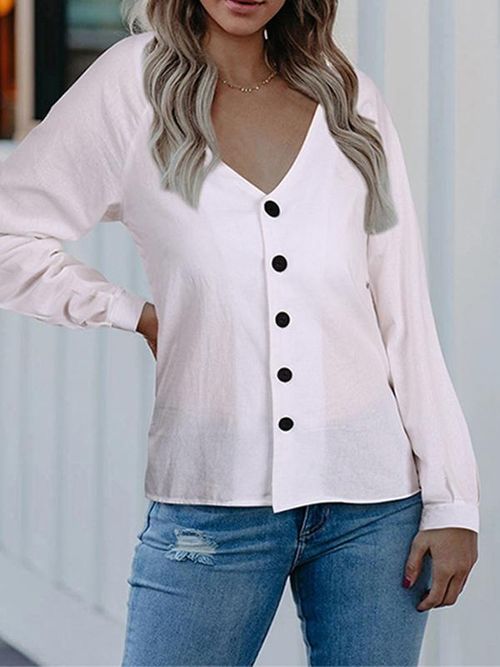Marvelall Casual V-Neck Single-Breasted Long-Sleeved Sli-Fit Shirt