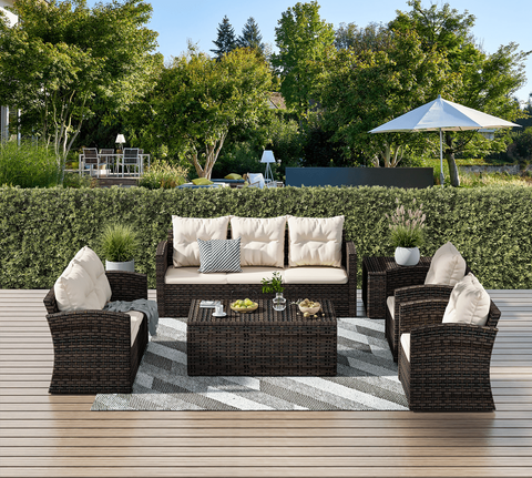 Greone Outdoor Garden 6-Piece Rattan Wicker Sectional Set (White)