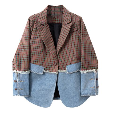 Colorblock Casual Loose Denim Lady Blazer of Plaid Patchwork