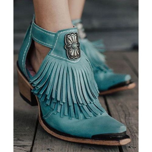 Marvelall Hollow Tassels Chunky Heels Ankle Boots