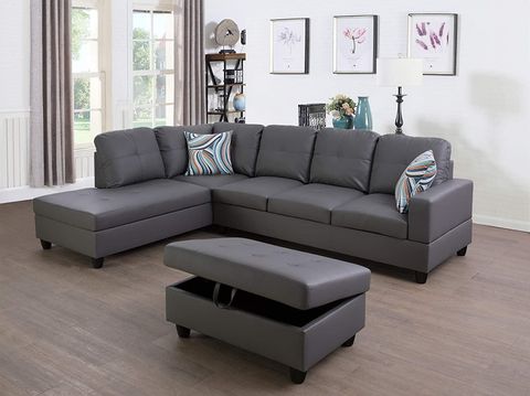 PonLiving Furniture Faux Leather 3 Piece Sectional Sofa Couch Set, L-Shaped Modern Sofa with Chaise Storage Ottoman and Pillows for Living Room Furnit