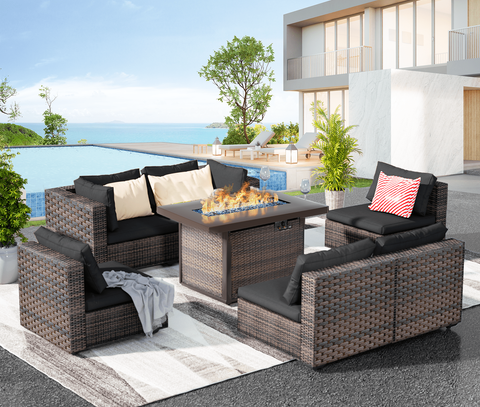 Greone 7 PCS Outdoor Patio Furniture Set with Fire Pit Table, Wicker Patio Conversation Set, Black纪检部