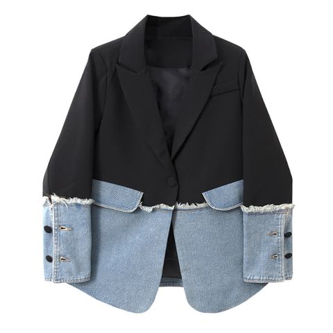 Colorblock Casual Loose Denim Lady Blazer of Plaid Patchwork