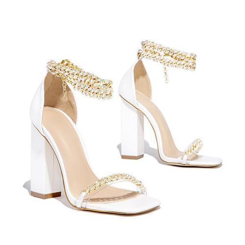 Marvelall  Gold-Tone Chain Ebellished Ankle Strap Chunky Heels