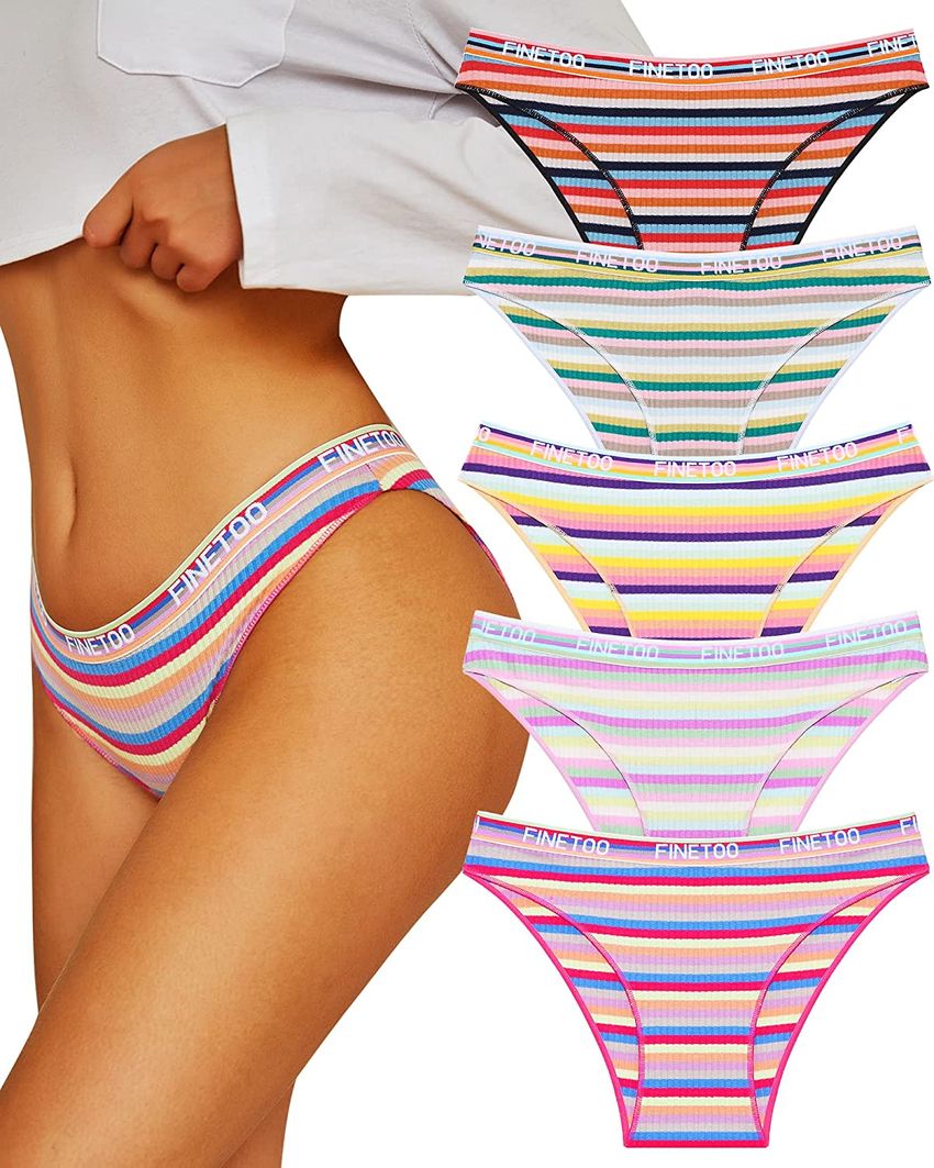 5PCS FINETOO Cotton Underwear for Women Cheeky High Cut Colorful Stripes  Breathable Stretch Sexy Hipster Bikini Panties
