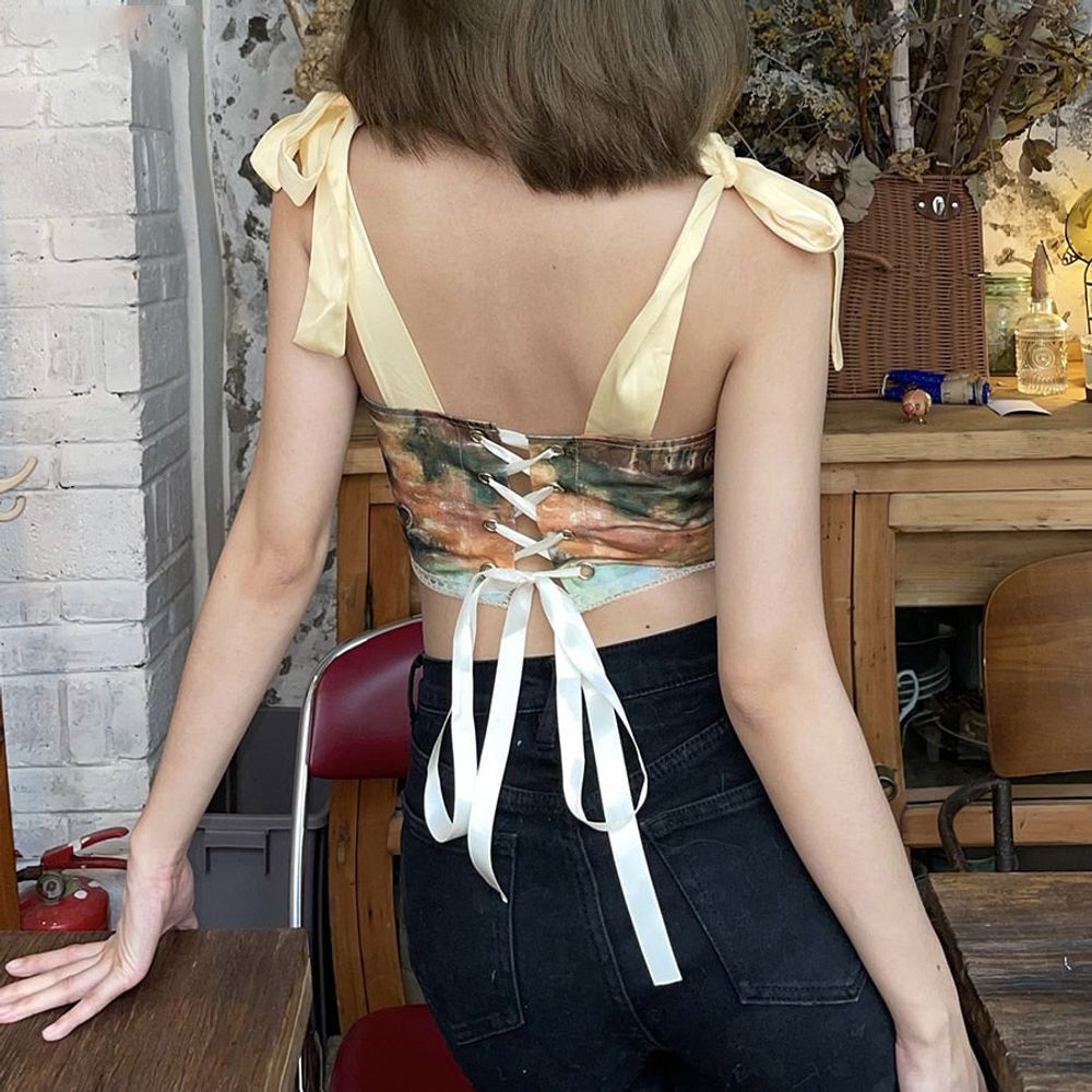 Vintage Corset Aesthetic Print Backless Top