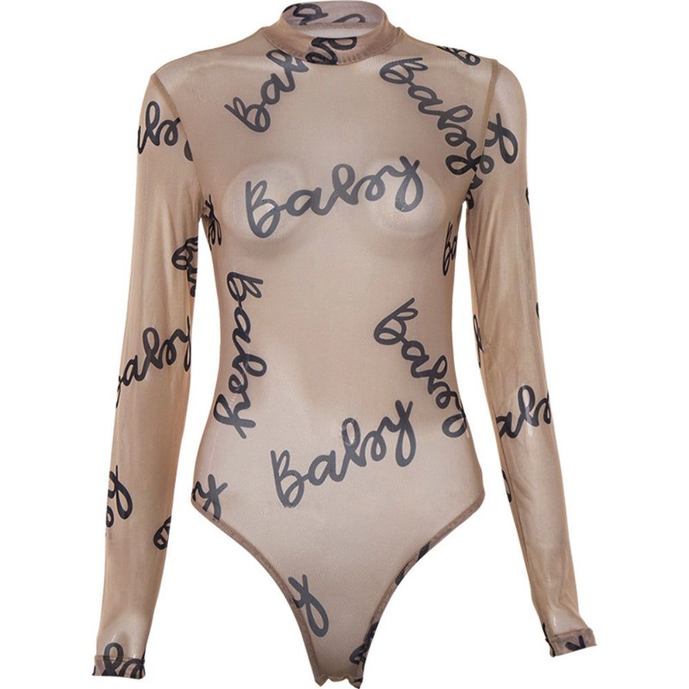 Sexy Letter Print Transparent Mesh Bodysuits