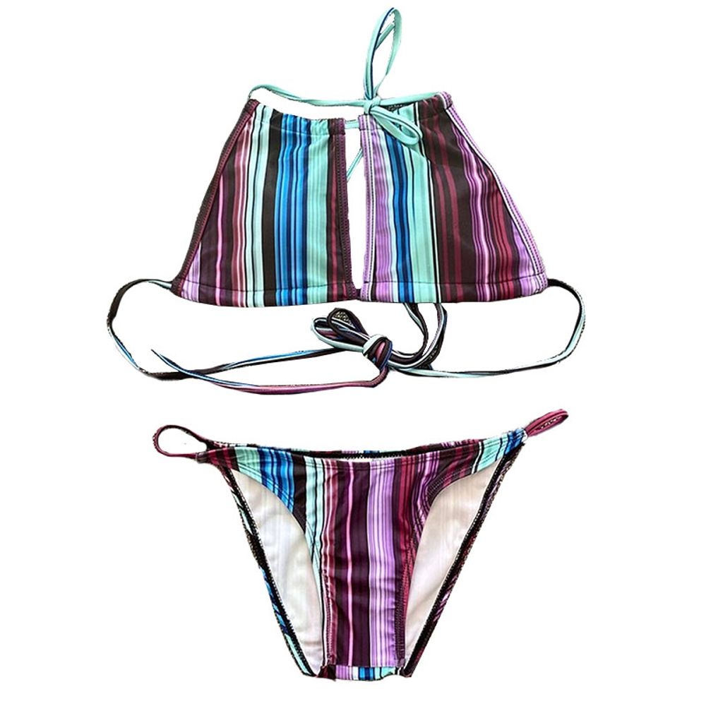Multicolor Striped Three 3 Piece Tie Up Bikinis