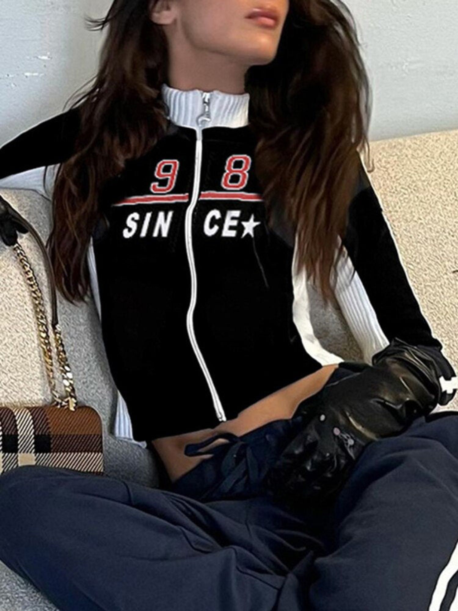 Letter Print Crop Jacket Drawstring Pant