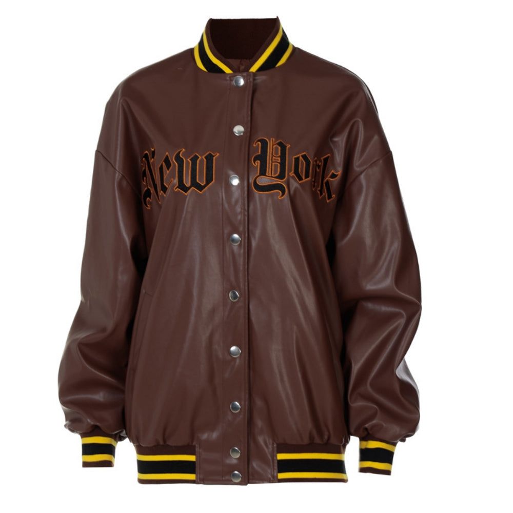 PU Leather Embroidery Loose Jacket