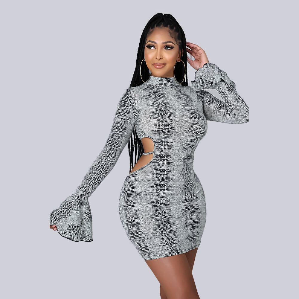 Print Full Flare Sleeve Mini Dress