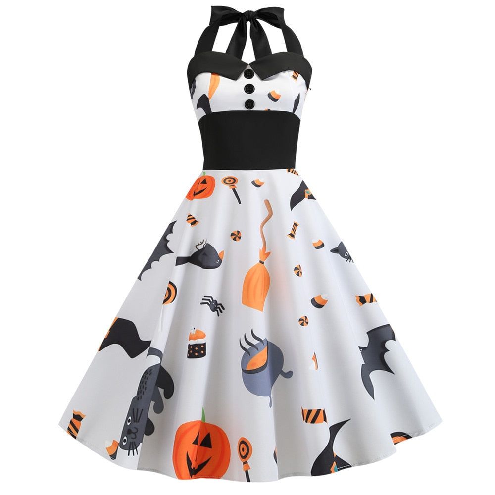 Halloween Halter Gothic Pin Up Midi Dress