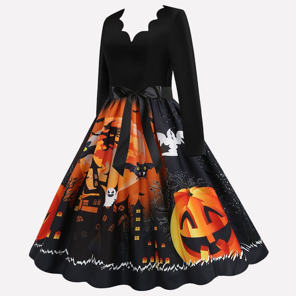 Halloween V Neck Princess Belt Midi Dress