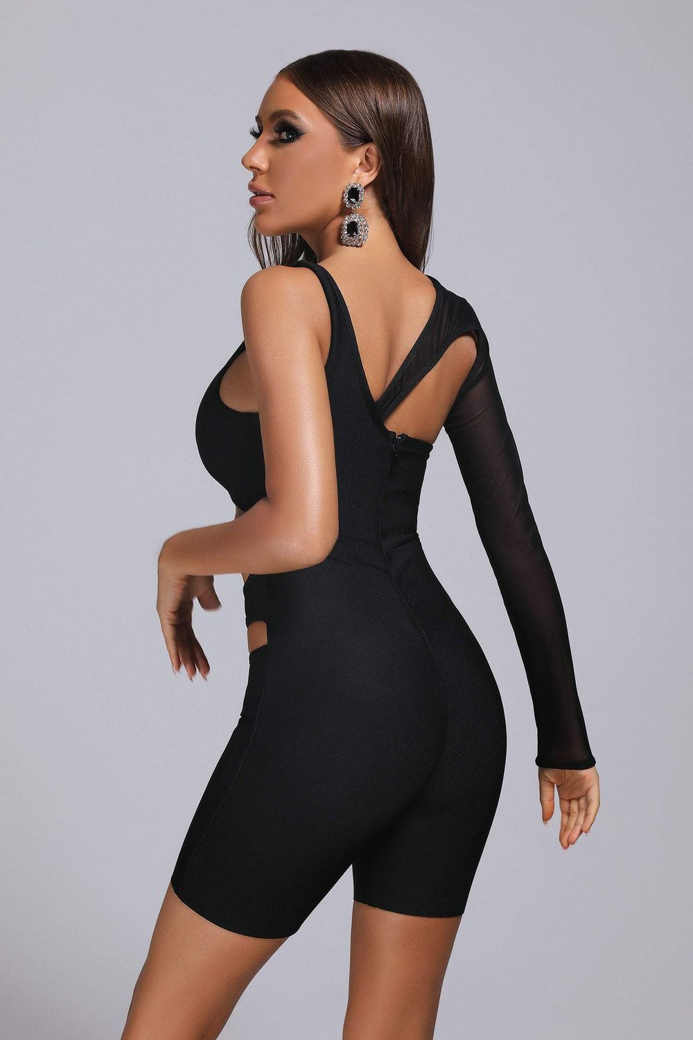 Black Hollow Out Inclined Shoulder Rompers