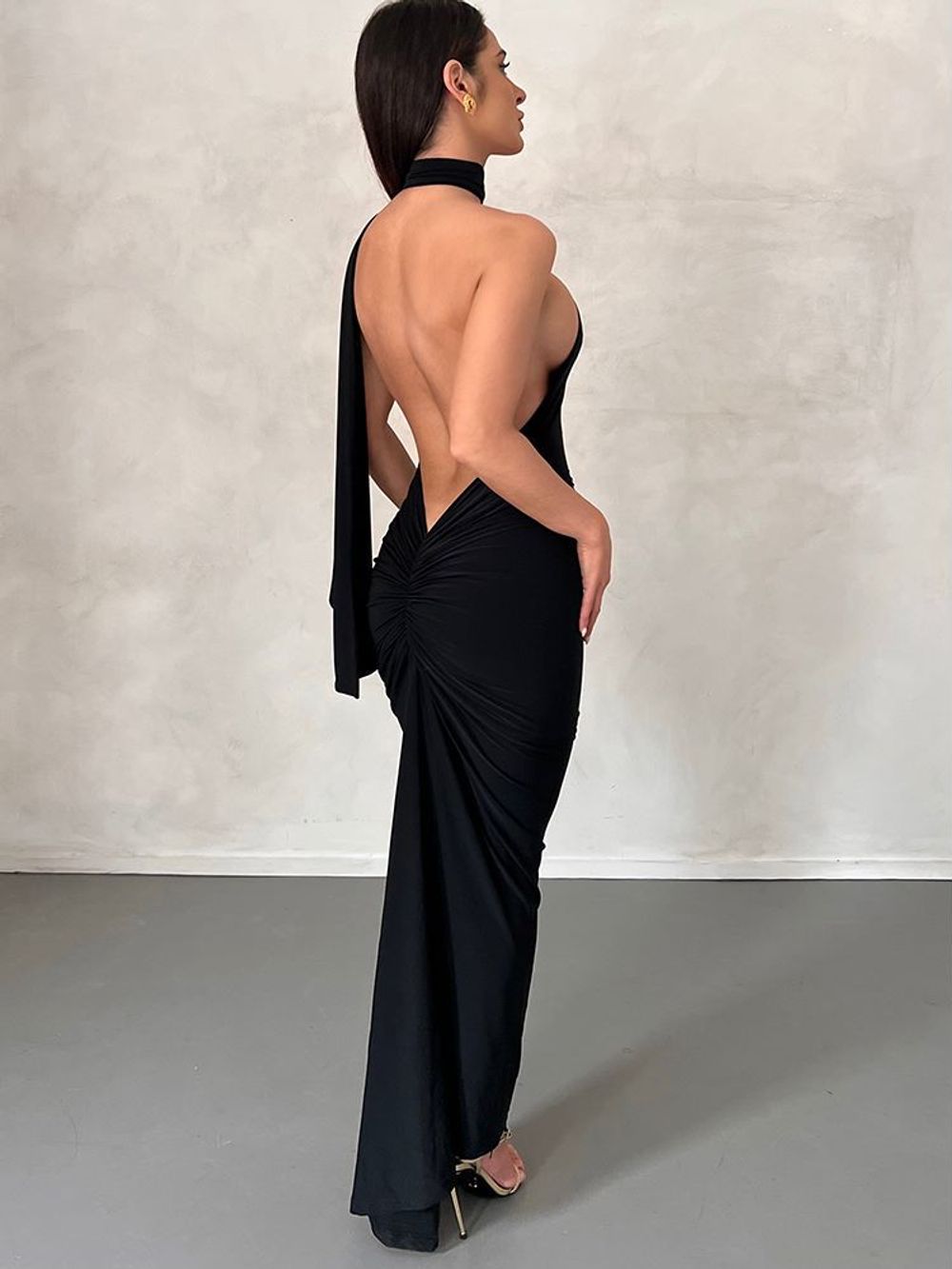 Halter Ruched Backless Sleeveless Maxi Dress