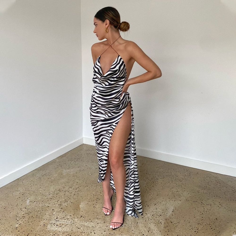 Zebra Split Backless Strap Maxi Dresses