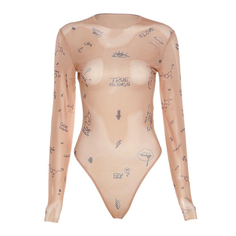 See Through Mesh Letters Printing Bodysuits