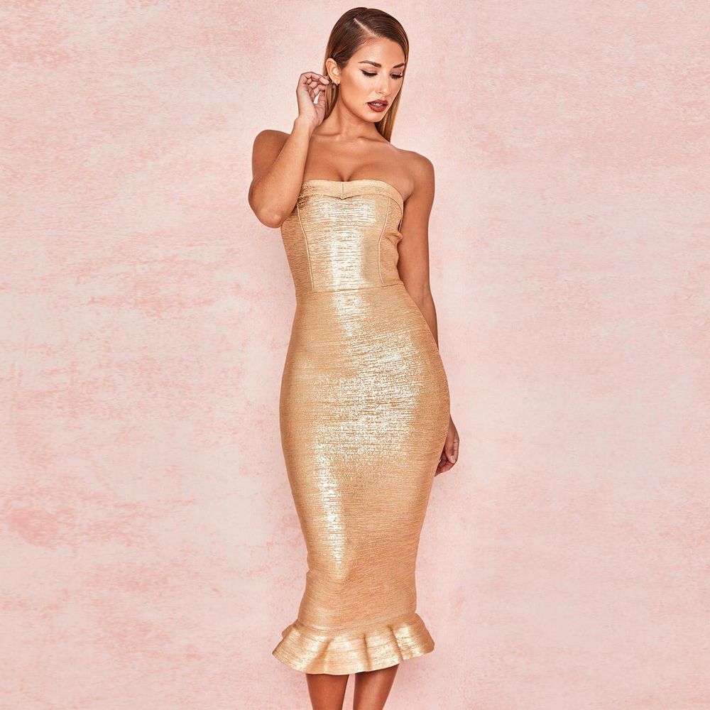 Gold Gilding Strapless Bandage Party Dress