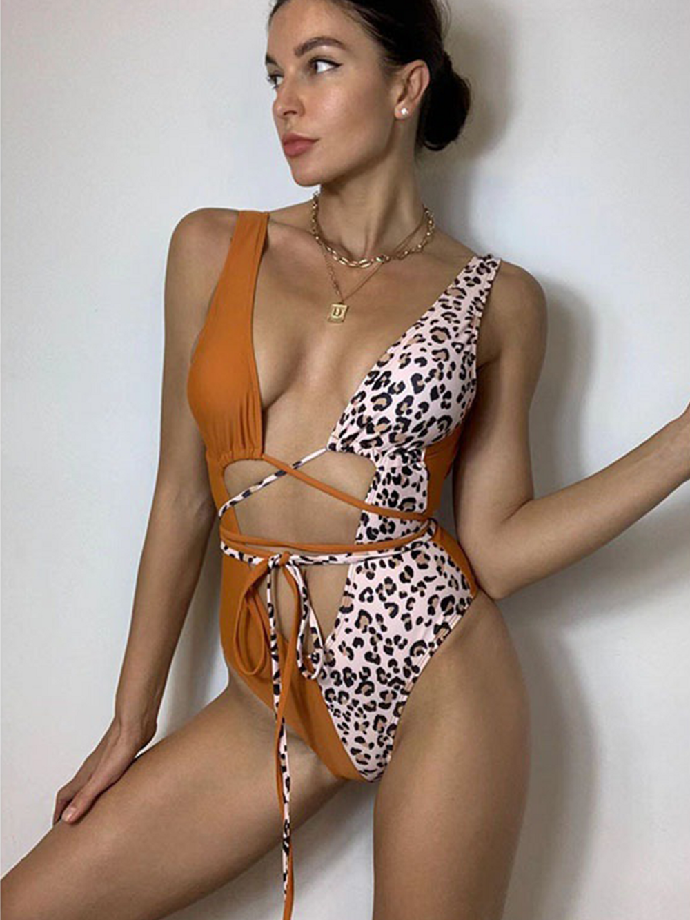Leopard Patchwork Drawstring One Piece Swimsuit