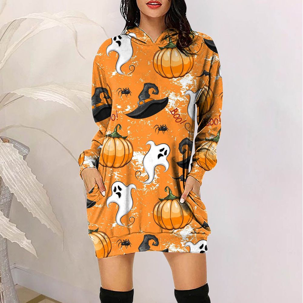 Halloween Cartoon Pumpkin Printed Mini Dress