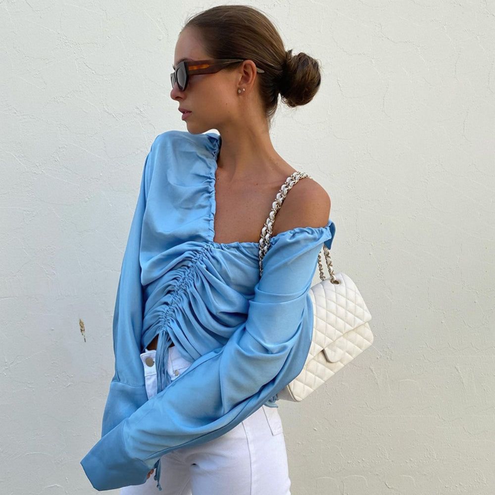Drawstring Ruched Blue Blouses