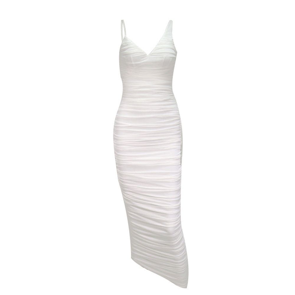 Elegant White Mesh Shoulder Strap Midi Dresses