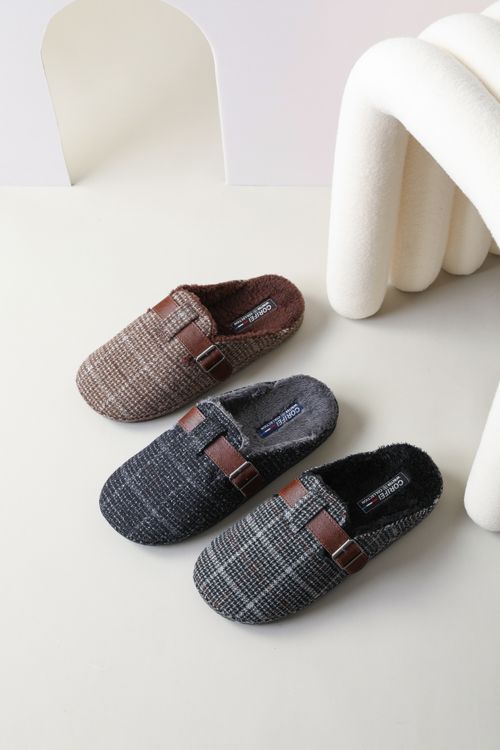 Woolen Plaid Fabric Plush Insole Slipper