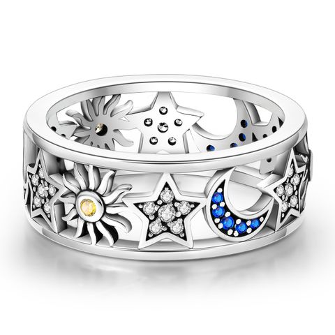MULA Europäisches 925 Silberring für Frauen, Sterne Mond Sonne hypoallergenisch funkelndes Blau 5A Zirkon Schmuck Geburtstagsgeschenk