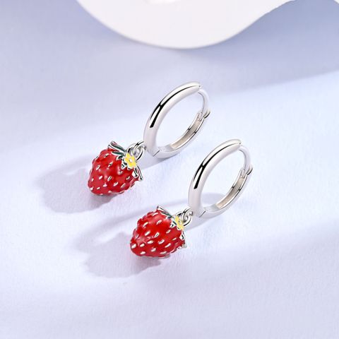 MULA 925 Sterling Silber Erdbeere Huggie Hoop Dangle Ohrringe für Frauen, Lebendiges Rot Frucht Sommer Hypoallergenes Schmuckgeschenk mit Kiste