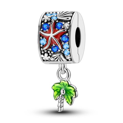 Mula Noël européen en argent sterling 925, breloque à personnaliser représentant une étoile de mer, une coquille et un cocotier, avec clip de fixation adapté aux bracelets pour femmes, bijou