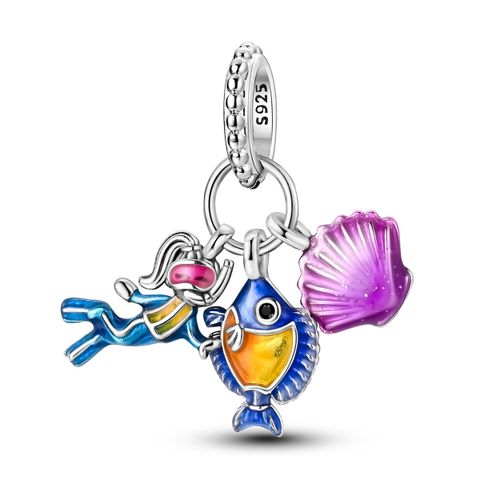 Mula Noël européen en argent sterling 925, breloque personnalisable représentant une jeune fille faisant de la plongée avec tuba, petit poisson et coquillage, pendentif adapté aux bracelets pour femmes, bijoux