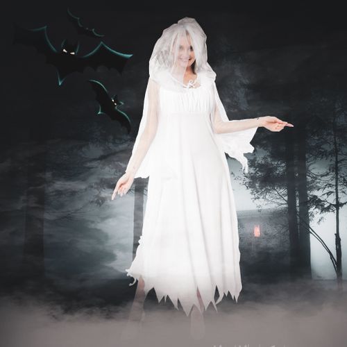 EraSpooky 여성 유령 의상 신부 흰색 후드 케이프 망토 성인 의상-재미있는 코스프레 파티