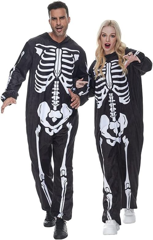 Eraspooky Costume de crâne unisexe pour adulte, body en peluche d&#39;Halloween, imprimé double face, pyjama une pièce avec capuche
