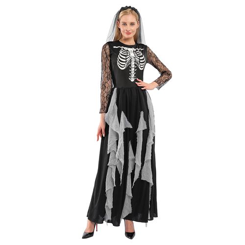 EraSpooky Women Skeleton Zombie Bride Costumes Halloween Cosplay Fancy Party Dress with Hair Band