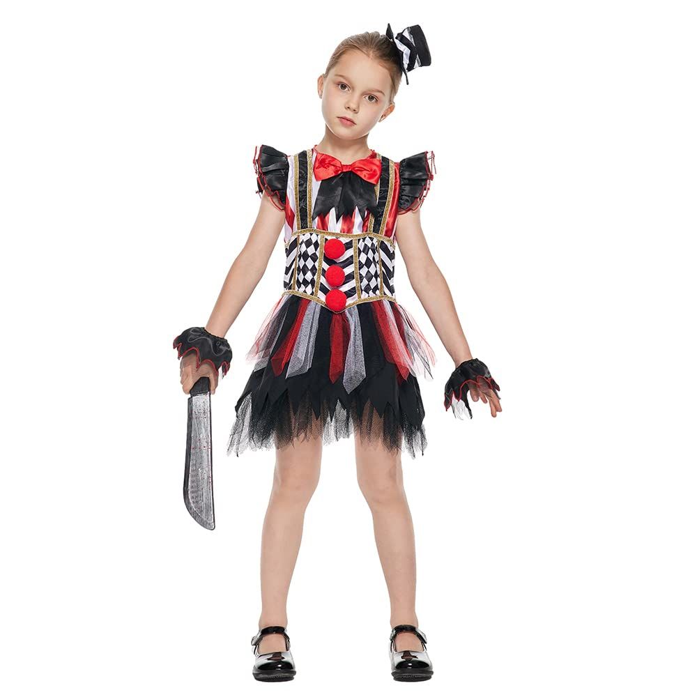 Eraspooky ハロウィン キッズ 不気味なピエロ コスチューム 女の子用 怖いピエロ ドレス パーティースーツ