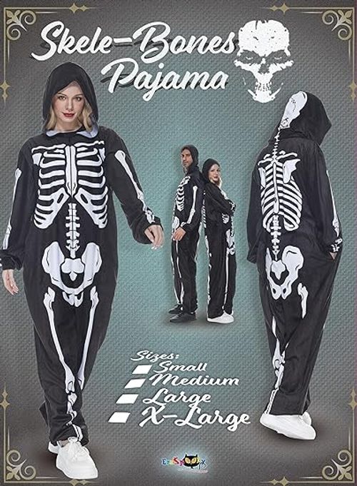 Eraspooky Unisex Adult Skull Costume Halloween Plush Bodysuit Double sided Print One Piece Skull Pajama with Hood