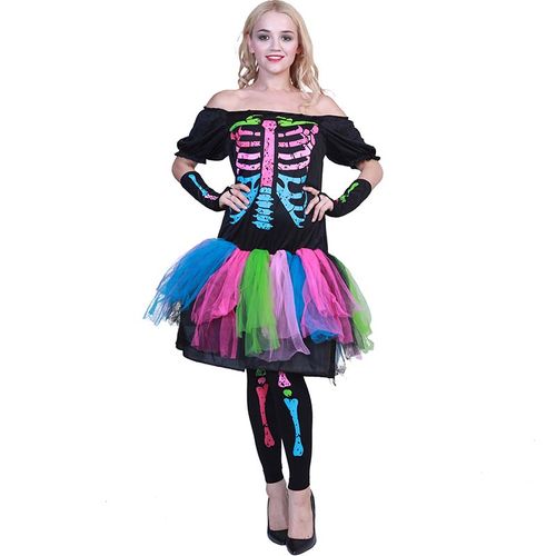 EraSpooky Women Funky Punk Bones Costumes Skeleton Colorful Tutu Dress
