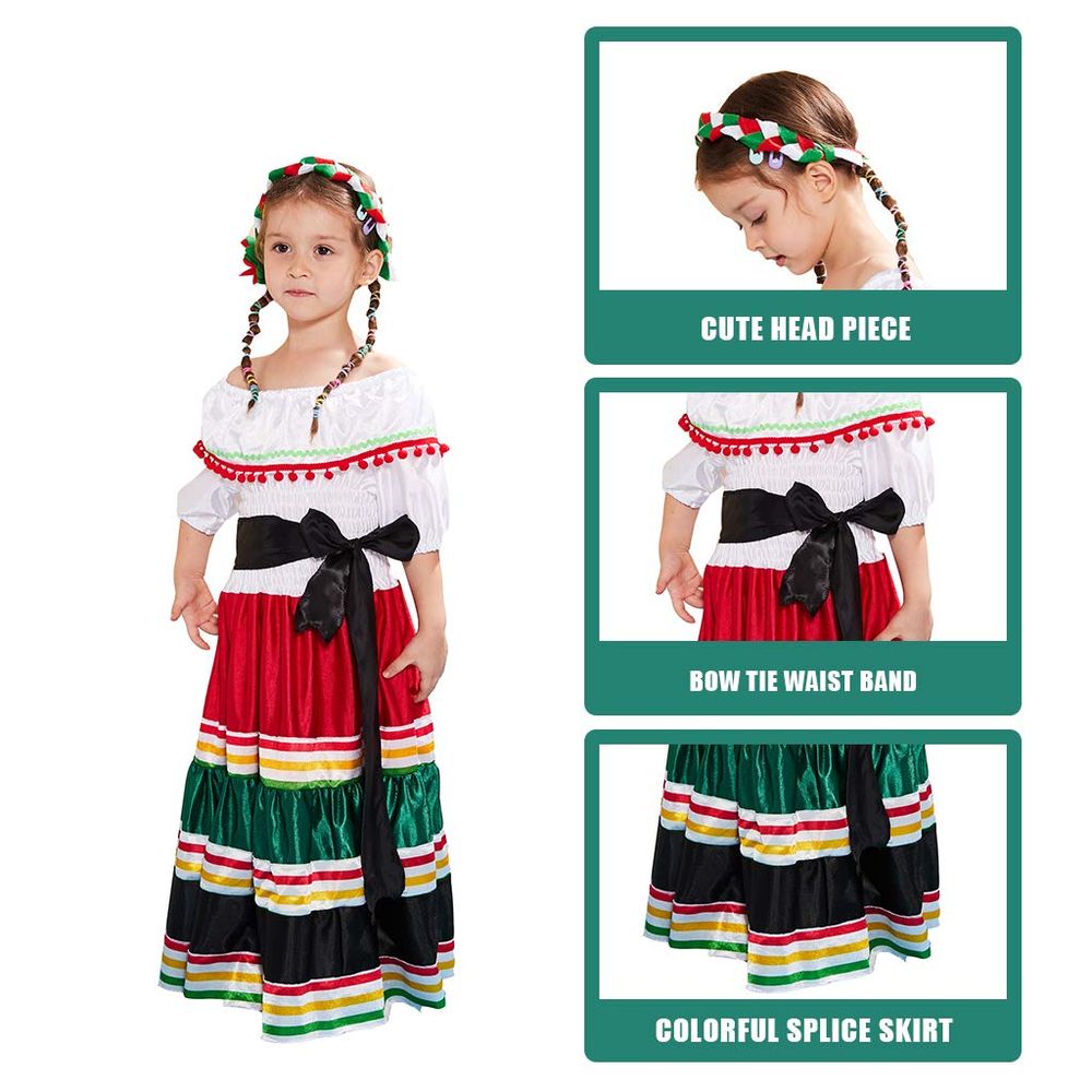 Eraspooky Girl's Mexican Dress Halloween Costume Kids Traditional Senorita Blouse Dance Skirt